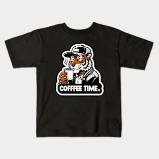 tiger drink cup of coffee with text coffee time Kids T-Shirt